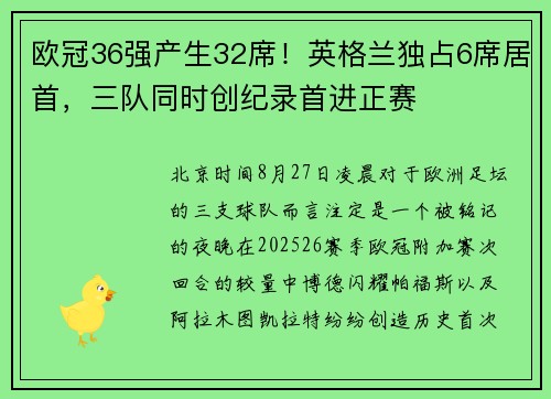 欧冠36强产生32席！英格兰独占6席居首，三队同时创纪录首进正赛